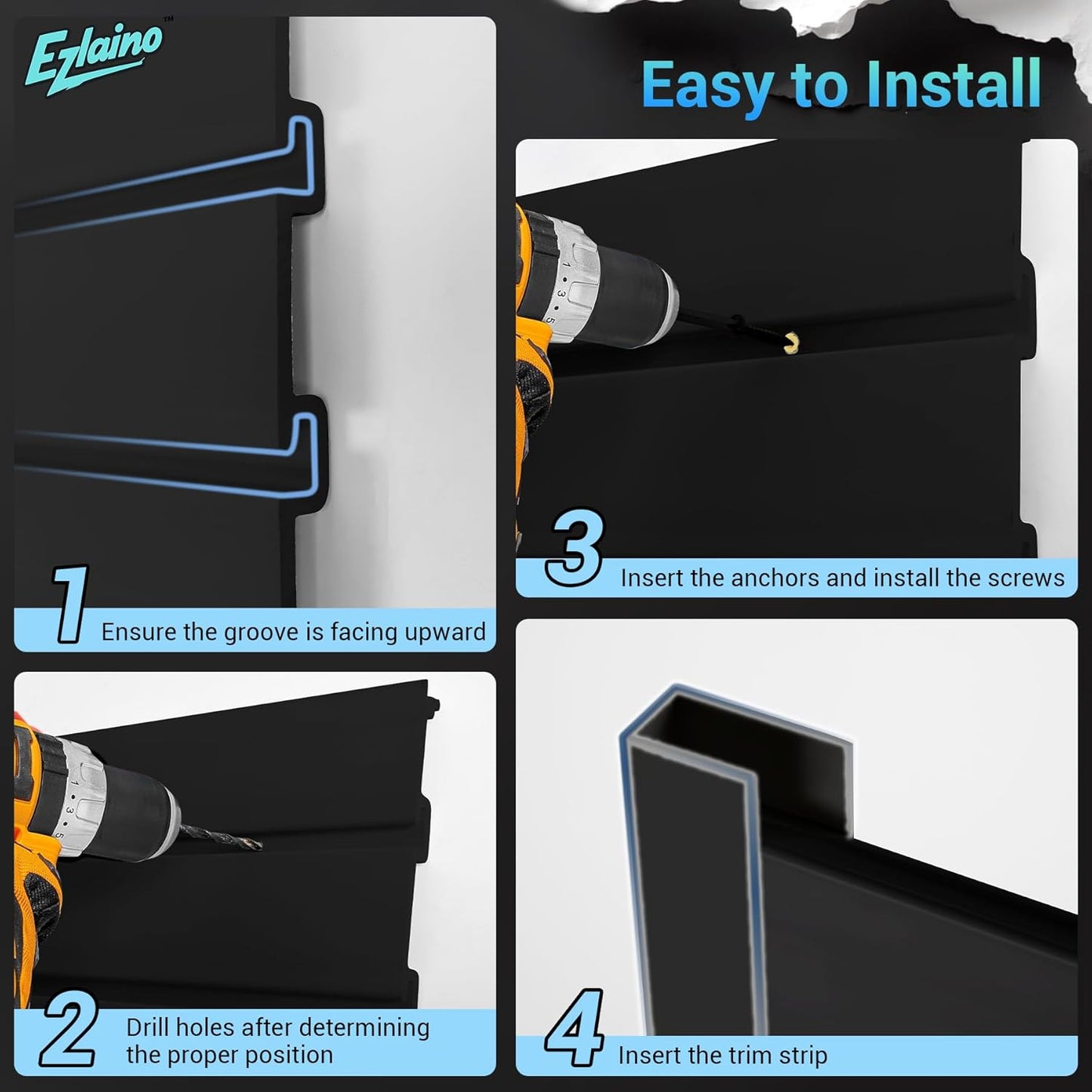 Ezlaino PVC Slat Wall Paneling 4FT x 2FT- Thickened & Durable, Waterproof, Versatile | Fits Most Slatwall Accessories (Not Included) | Ideal for Garage, Home & Store Organization, Black