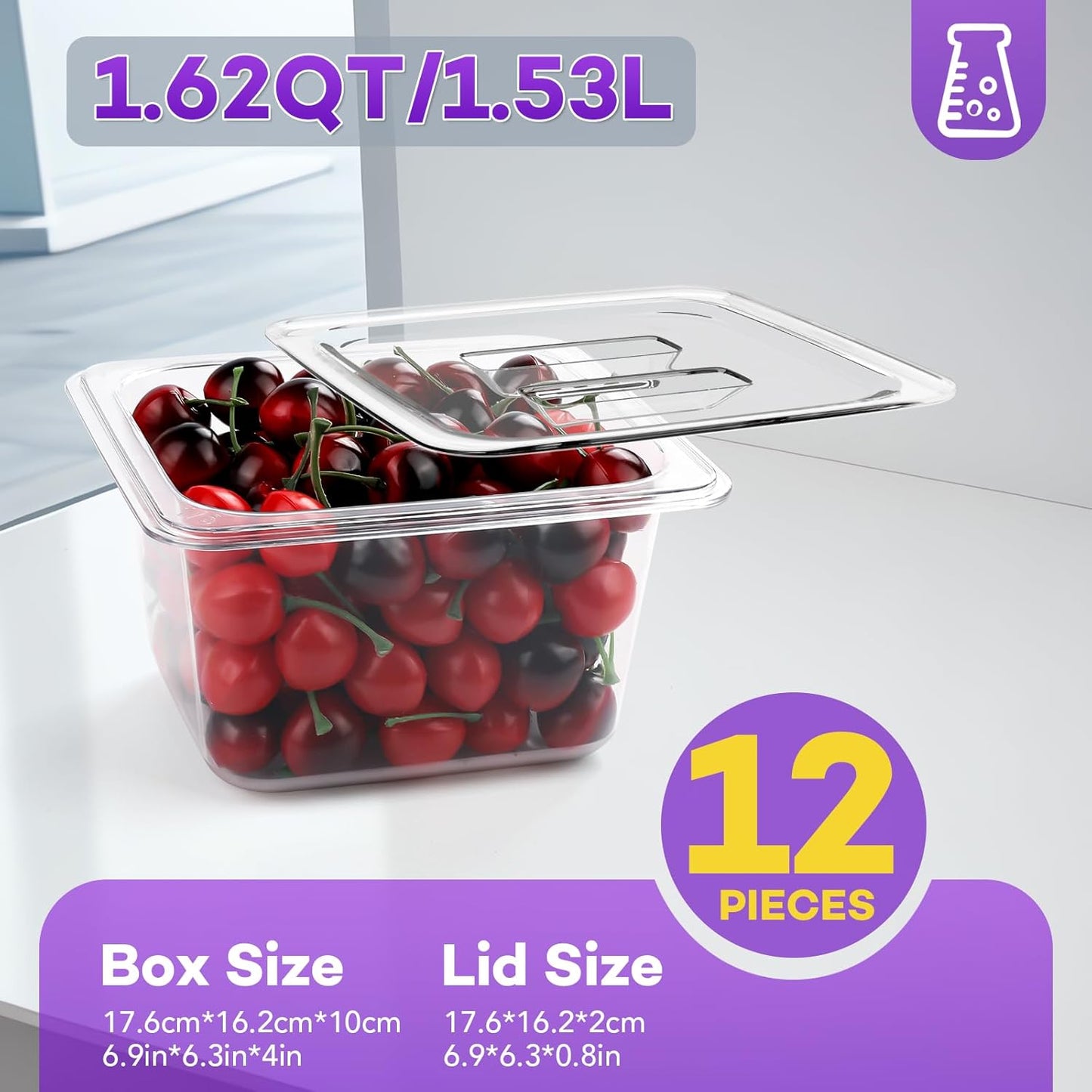 VOISEN 12 Pack Plastic Food Pan with Lids 1/6 Size 4 Inch Deep Commercial Food Storage Containers for Fridge Salad Fruits Vegetables Clear Restaurant Polycarbonate