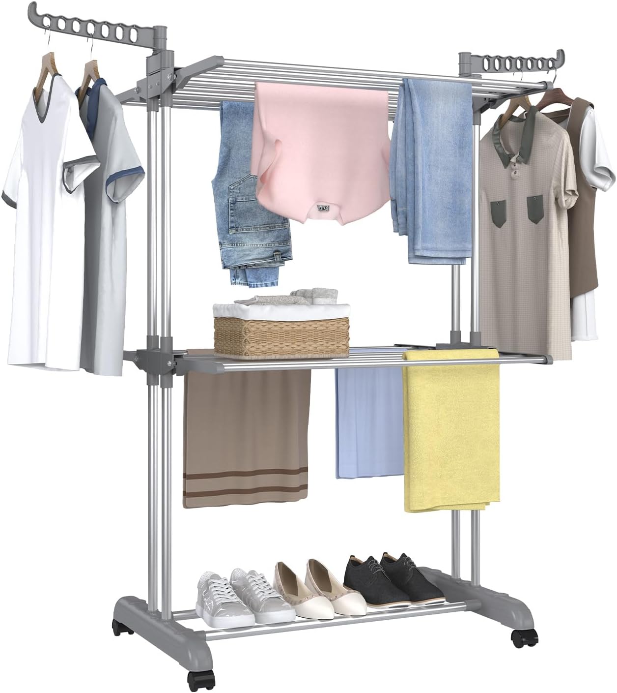 Bigzzia 3 Tier Clothes Drying Rack, 57 Inch Laundry Drying Rack, Foldable Stainless Steel Kids Clothing Rack, Movable Laundry Rack for Indoor Outdoor - Grey