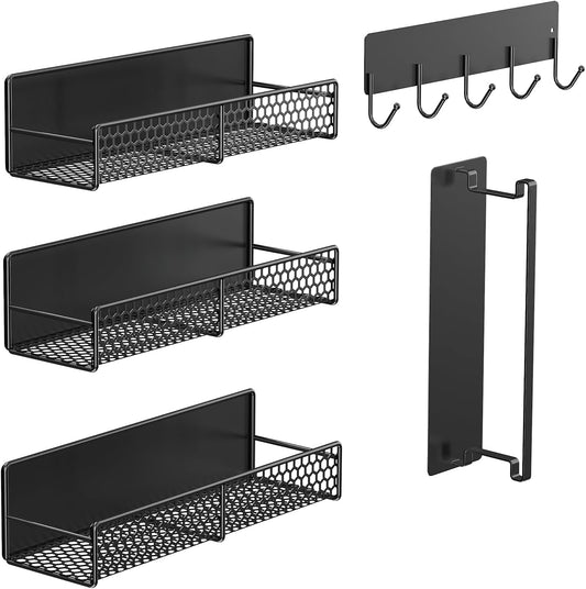 5-Pack Magnetic Shelves for Laundry Room Organization, Strong Hold Refrigerator & Washing Machine Shelves, Includes Spice Rack, Hanger Organizer Stacker & Utensil Hooks, No Drill Installation