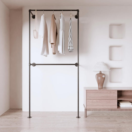 Industrial Pipe Clothing Rack, Heavy Duty Wall Mounted Clothes Rack,Retail Display Hanging Garment Rod for Laundry Room, Closet Storage - 14.6x37.4x82.7 Inches, Model K01