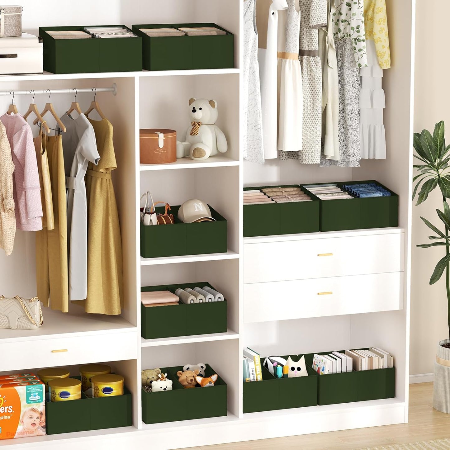 DIMJ Large Closet Shelf Organizer Bins 8 Packs with Handles and Divider, Fabric Trapezoid Storage Baskets, Foldable Clothes Containers Box for Shelf, Towel, Book, Toy, Purse, Hats, Green