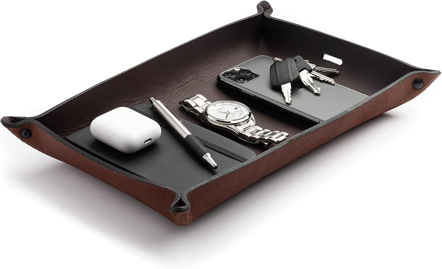 Main Street Forge Leather Valet Tray for Men – Rustic EDC Organizer for Keys, Phone & Wallet – Made in USA – Whiskey Barrel Brown