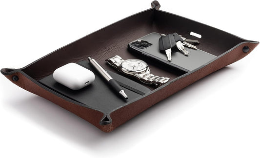 Main Street Forge Leather Valet Tray for Men – Rustic EDC Organizer for Keys, Phone & Wallet – Made in USA – Whiskey Barrel Brown