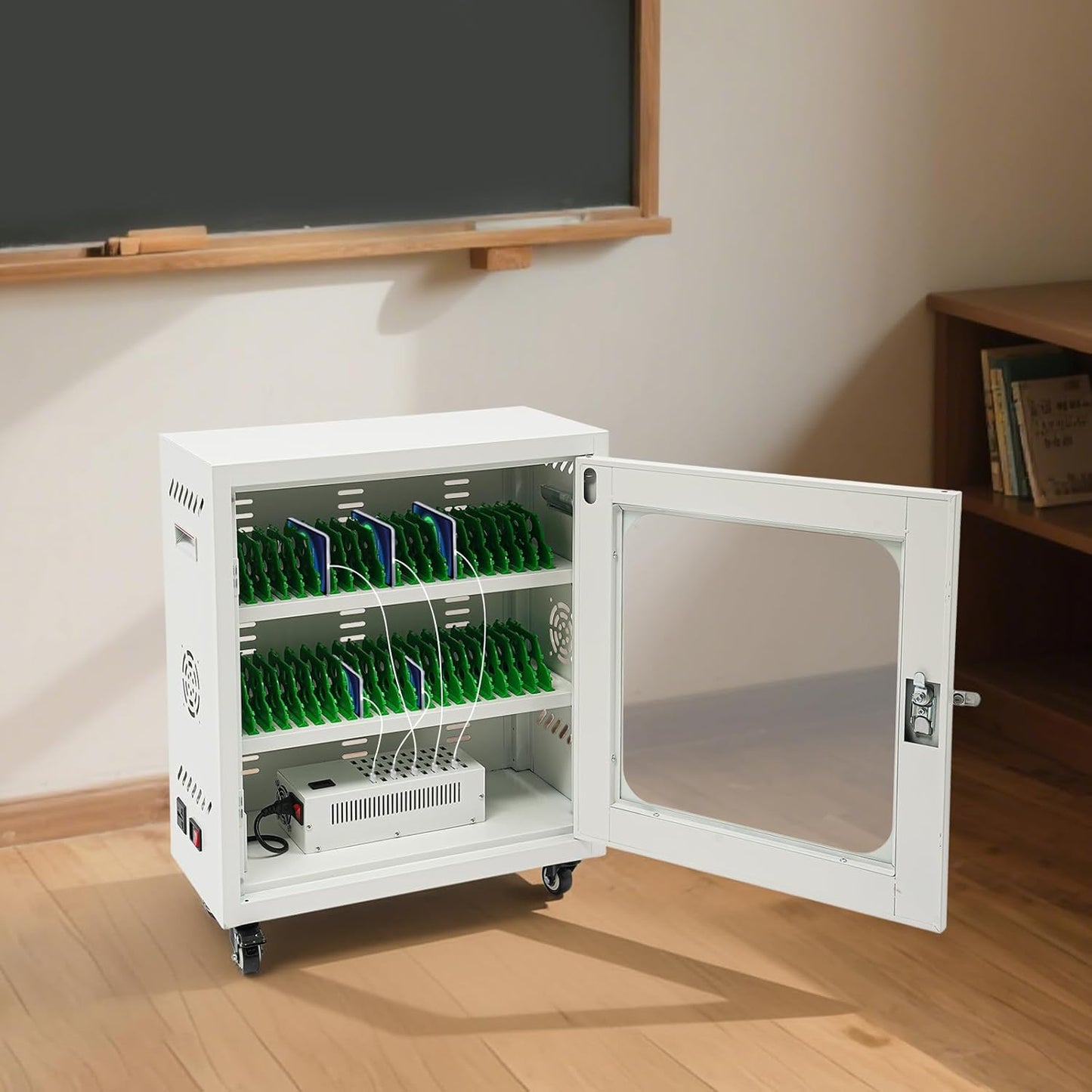 40-Slot Cell Phone Charging Station Cabinet with USB, 400W High-Power Portable Mobile Charging Locker with Wheels & Lockable Tempered Glass Door (White)