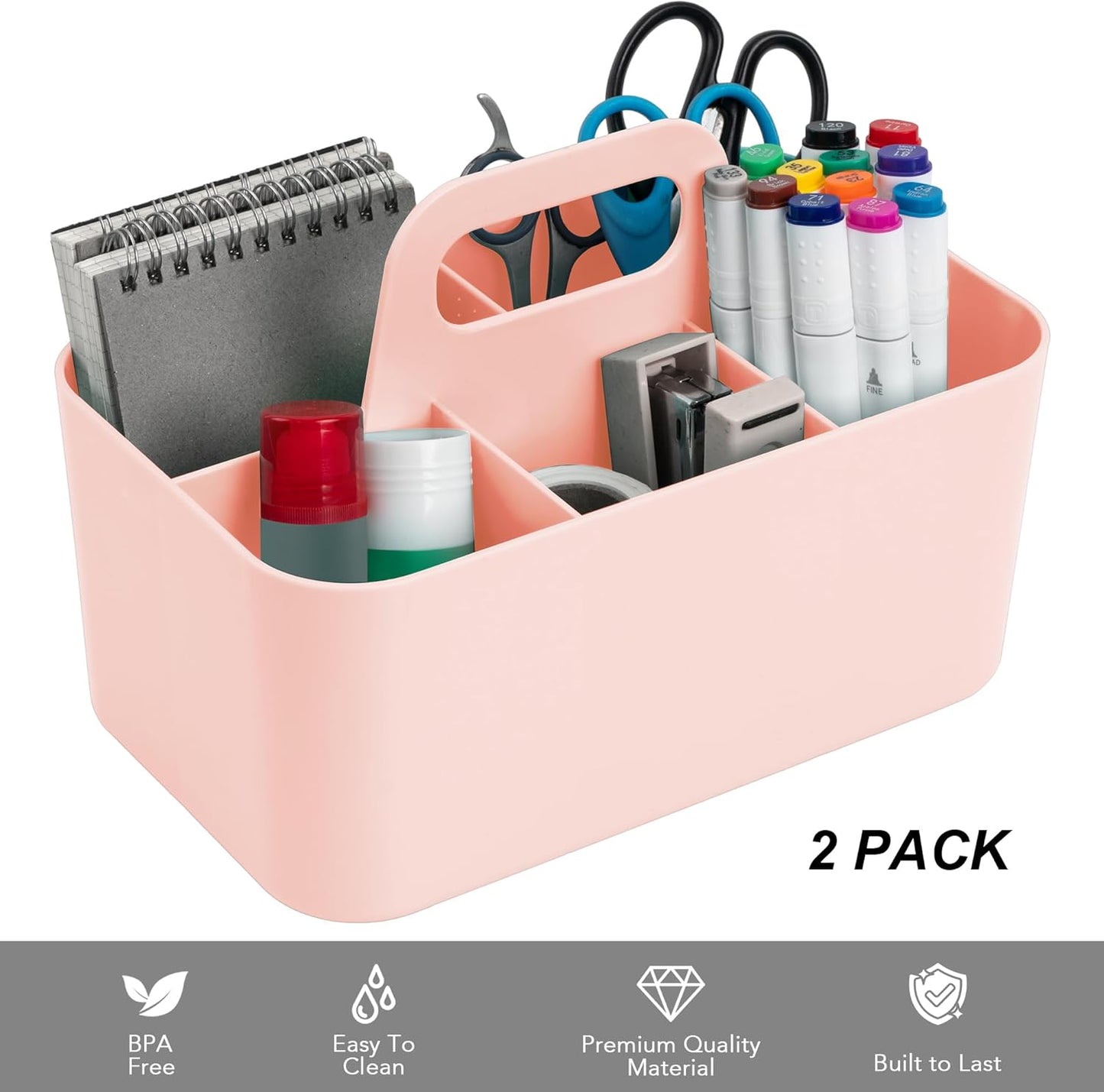 Tiawudi 2 Pack Caddy Organizer with Handle, Portable Plastic Caddy, Storage Organization for Cleaning, Bath, Makeup, Art, Craft, Stationery, Classroom and Office, Tote Organizer