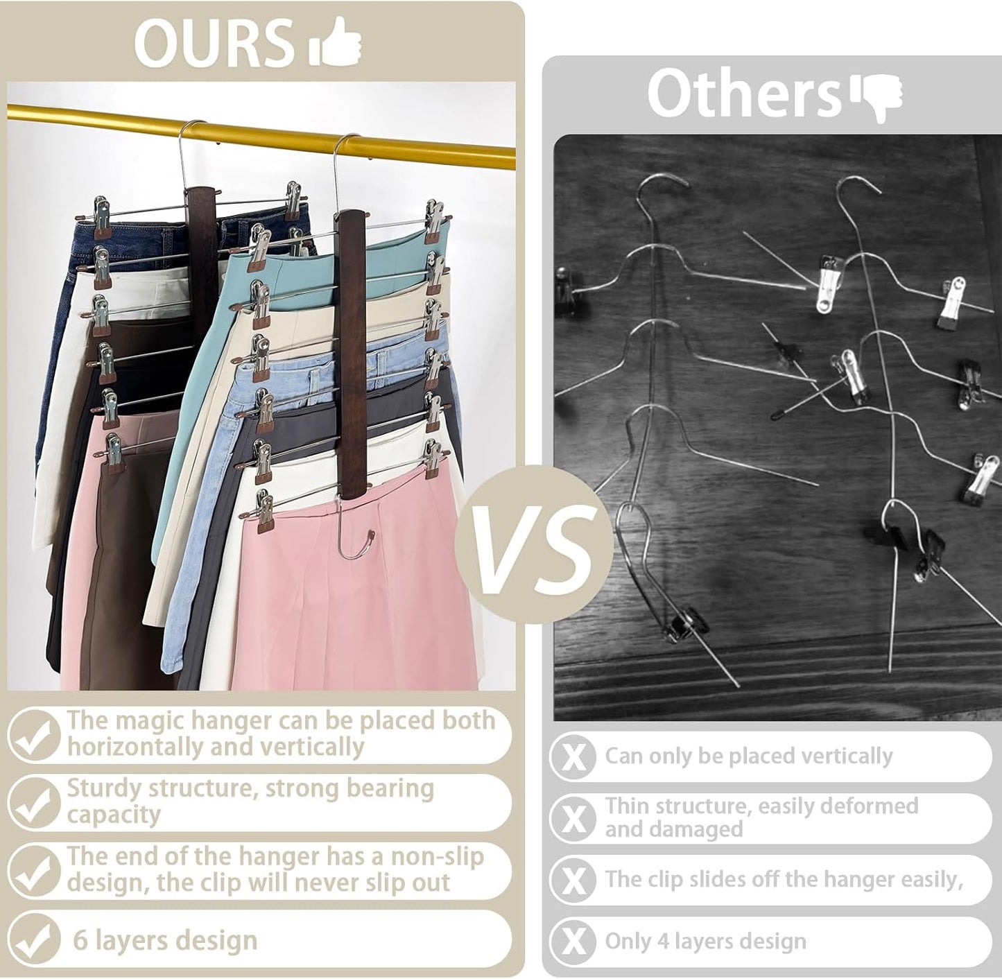 Skirt Hangers Space Saving,6 Tier Closet Organizers & Storage,Wooden Magic Hanger & Hanger with Clips,Pants-Hangers-Space-Saving for Hanging Pants Shorts Scarf Jeans（4 Piece）