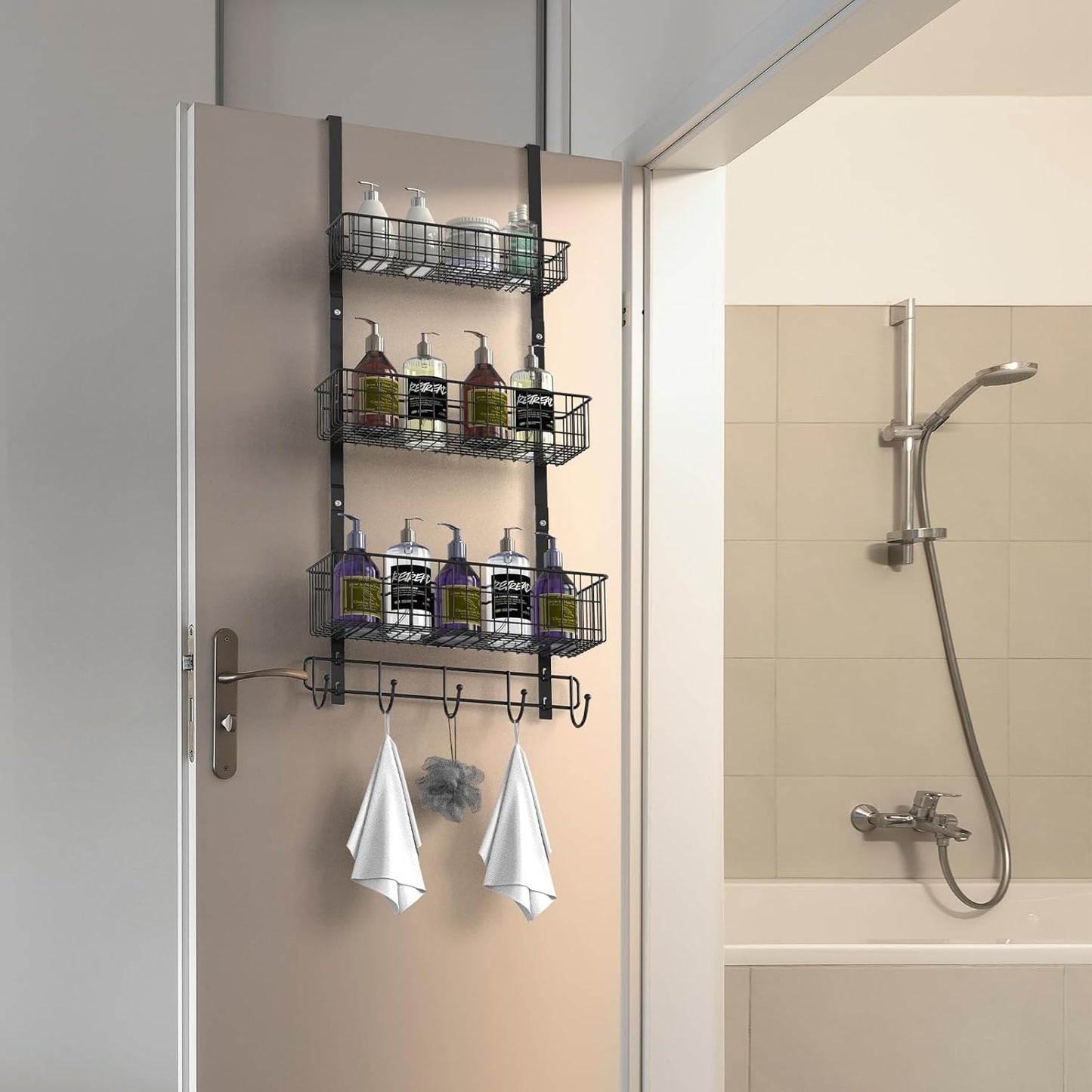 YBING Over The Door Organizer with Hooks 3 Tier Back Towel Hanger Baskets Metal Behind Hanging Storage Shelf Pantry Racks for Bedroom Bathroom Black, R01-R984