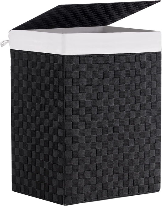 Foldable Laundry Hamper Basket with Lid by Fiona's magic, Handwoven 96L Large Clothes Hamper with Removable Liner Bags, Collapsible Tall Hamper for Bedroom, Bathroom and Dorm Organizer, Black
