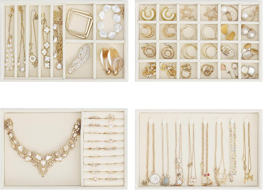 ProCase Stackable Jewelry Organizer Trays for Drawers, Jewelry Drawer Inserts Container Display Case Storage for Earring Necklace Rings Bracelet with Removable Dividers -Beige, 4 Layers