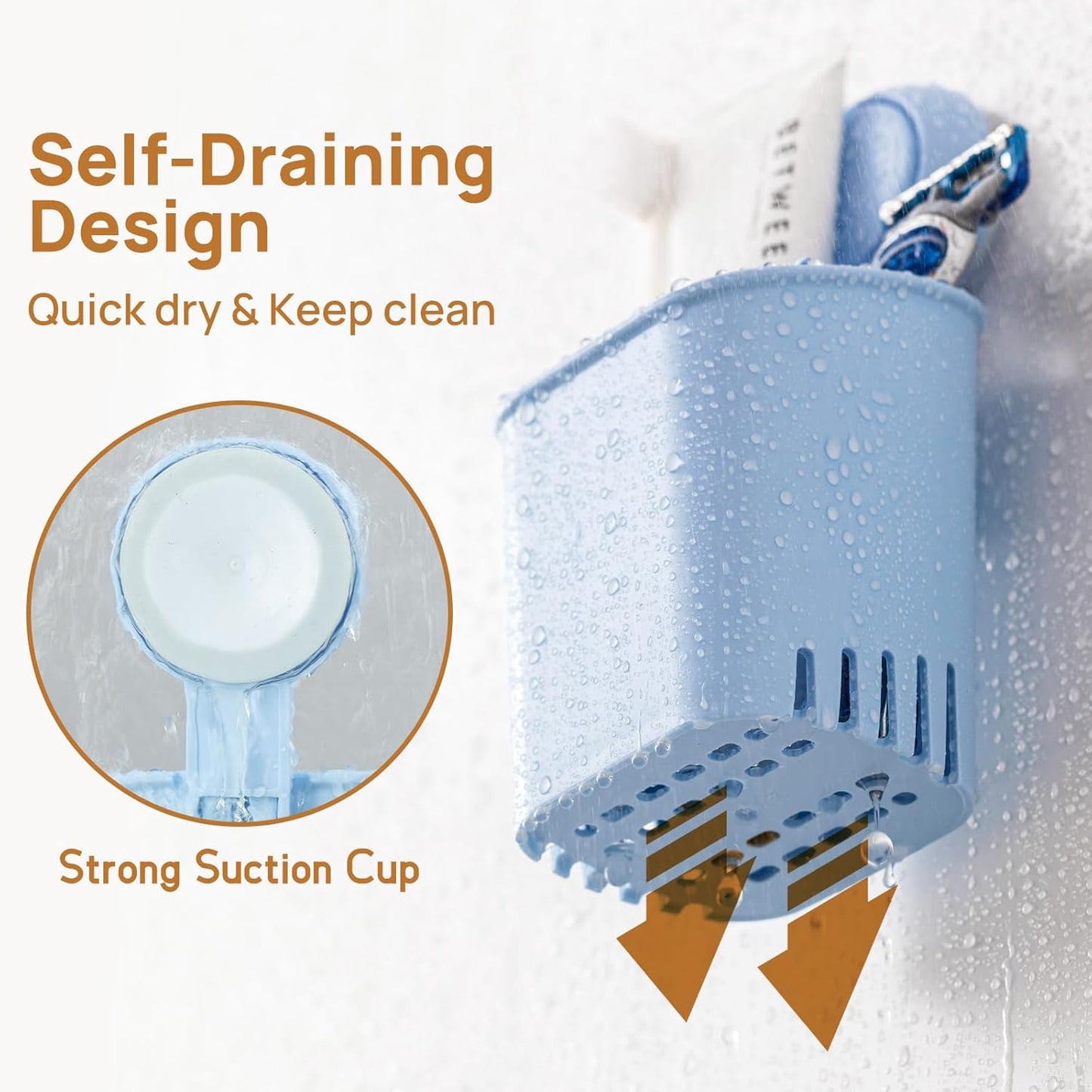 LEVERLOC Powerful Suction Cup Toothbrush Holder, No Drill Removable Wall Shower Holder for Toothbrush, Toothpaste, Razor, Self-draining Suction Cup in Shower, Kitchen Tableware Organizer, Blue, 2 Pack