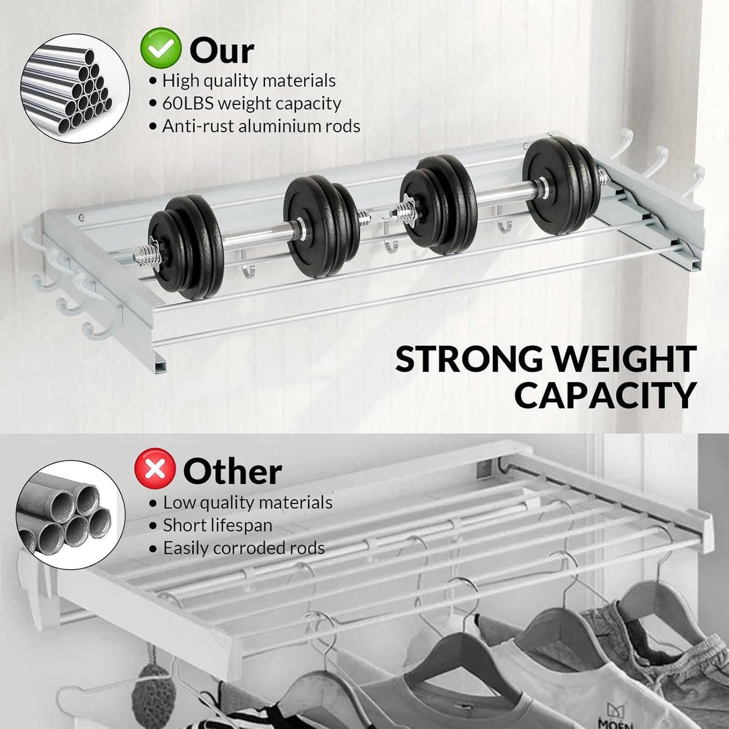 BAKON Wall Mounted Drying Rack, Indoor Outdoor Foldable Wall Mounted Clothes Drying Rack, Concealed Wall Drying Rack - Space Saving for Storage and Drying Clothes, 6 Hooks, 5 Poles (31.5"【Upgrade】)