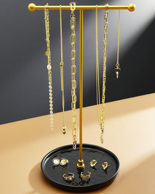 VROOMIUM Necklace Holder Stand - 6in Ceramic Base X 1ft Height, Aesthetic Decor for Bedroom, Jewelry Organizer for Necklace, Bracelets, Rings, Exhibidor de Collares- Mysterious Black