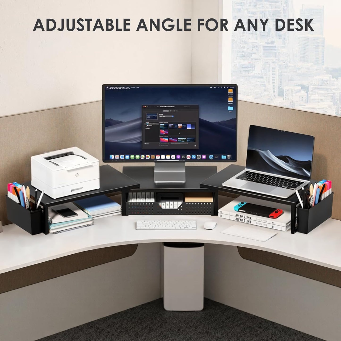 OPNICE Desk Organizers and Accessories, Dual Monitor Stand Riser with Drawer and 2 Pen Holders, Desk Shelf Metal Computer Racks for Office Workspace Organizers, Desktop Organization (Black)
