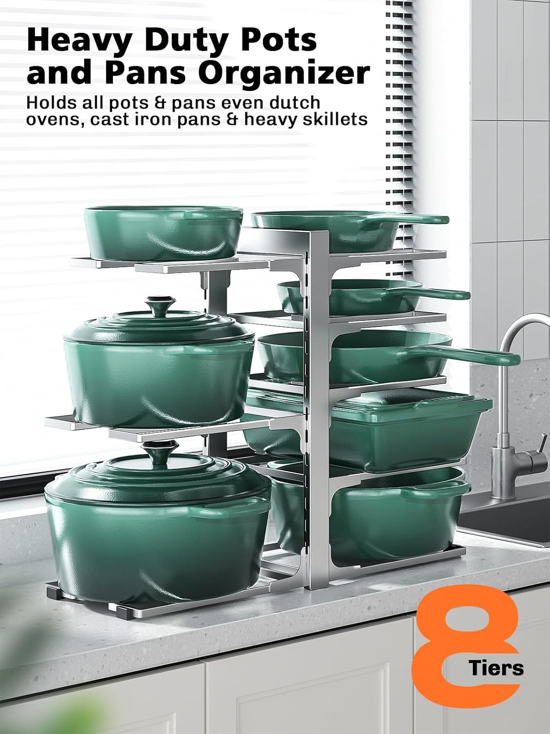 MUDEELA 8-Tier Pots and Pans Organizer under Cabinet, 15.83" Height Heavy Duty Pot Pan Organizer Kitchen Cabinet Organization and Storage, Adjustable Pot Rack for Frying Pan, Cast Iron Skillet, Sliver