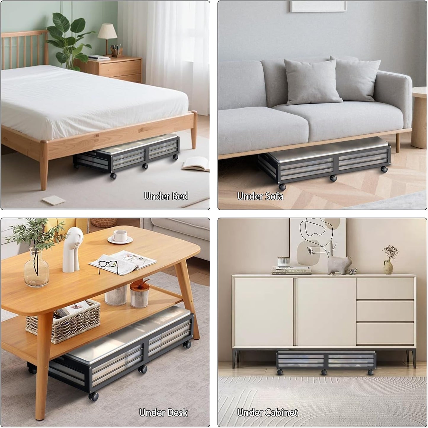 Under Bed Storage Containers with Wheels, Larger Bamboo Wood Under Furniture Storage Containers with Dust Bags，Rolling for Shoes Clothes