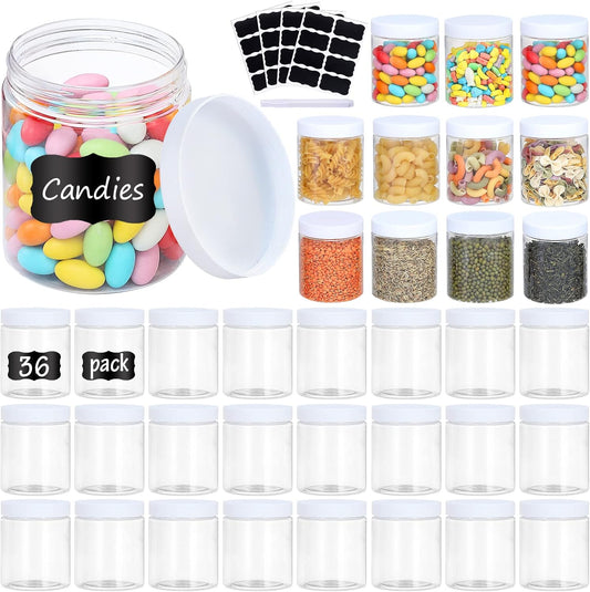 36PCS 8OZ Plastic Jars with Screw On Lids, Labels Refillable Empty Round Slime Containers for Storing Dry Food, Honey Jam, Cream, Butter, Lotion (White)