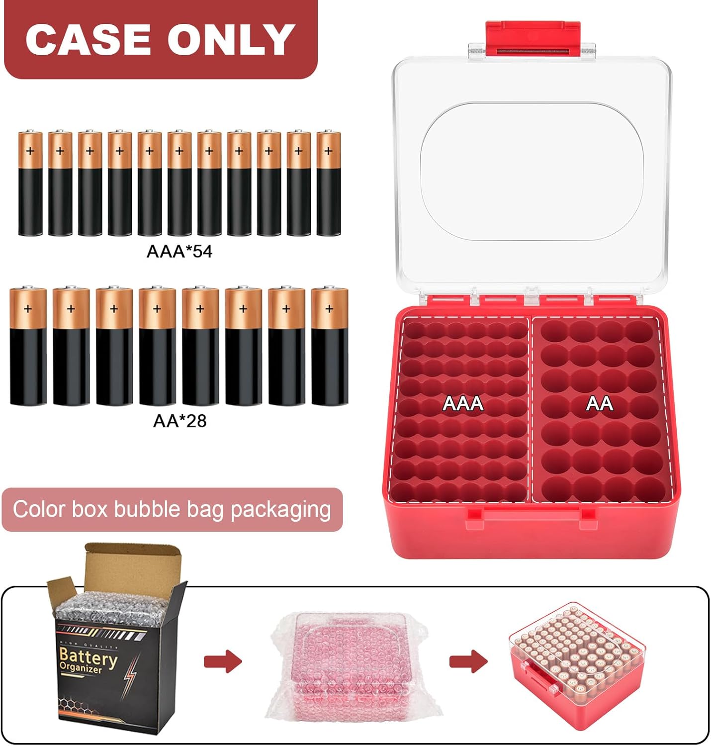 FULLCASE Battery Storage Organizer Box, Holder Container for 82 AA AAA Batteries, Plastic Home Batteries Variety Pack Protective Organization(Case Only) Red