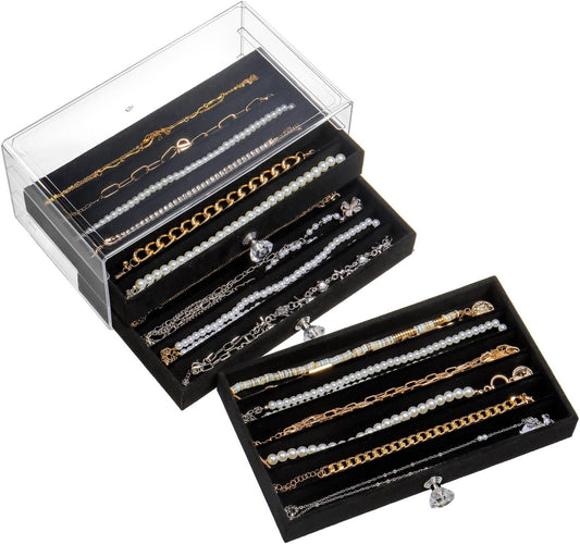 SPAKOWN Necklace Organizer Box, Velvet Necklace Box Holder Tray with Clear Lid Chains Showcase Stackable Necklace Storage for Pendant Bracelet (3 Drawers - Black)