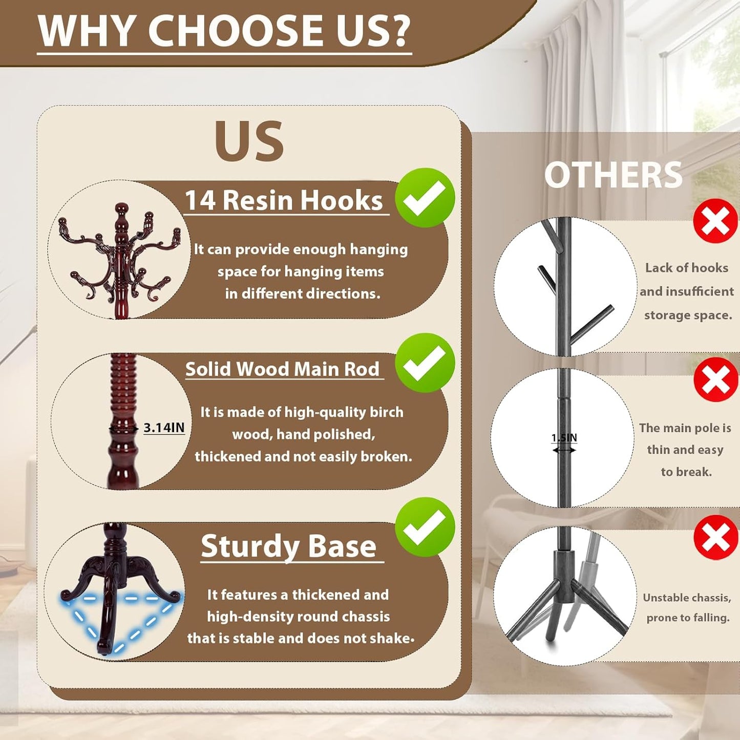 Solid Wooden Coat Rack Stand, Coat Racks Freestanding with 14 Hooks, Natural Birch Wood Coat stands with Sturdy Triangle Base, Coat Hanger Standing for Entryway Bedroom Office (Redwood triangle)