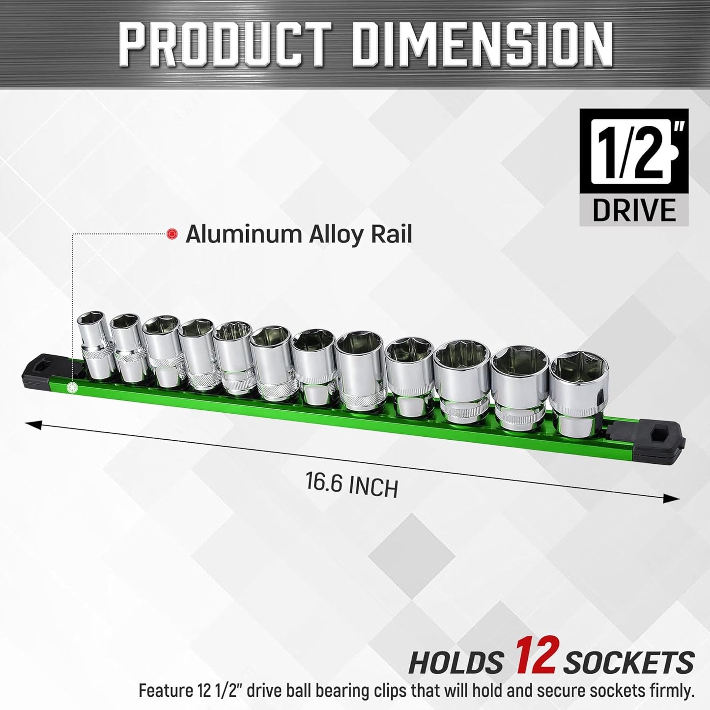 ALOANES 1/2-Inch Drive Magnetic Socket Organizer, Heavy Duty Aluminum Socket Rail Organizer, 360° Swivel Clips Socket Holder Kit for Tool Box, 1/2 Inch Socket Holder x 12 Clips (Green)