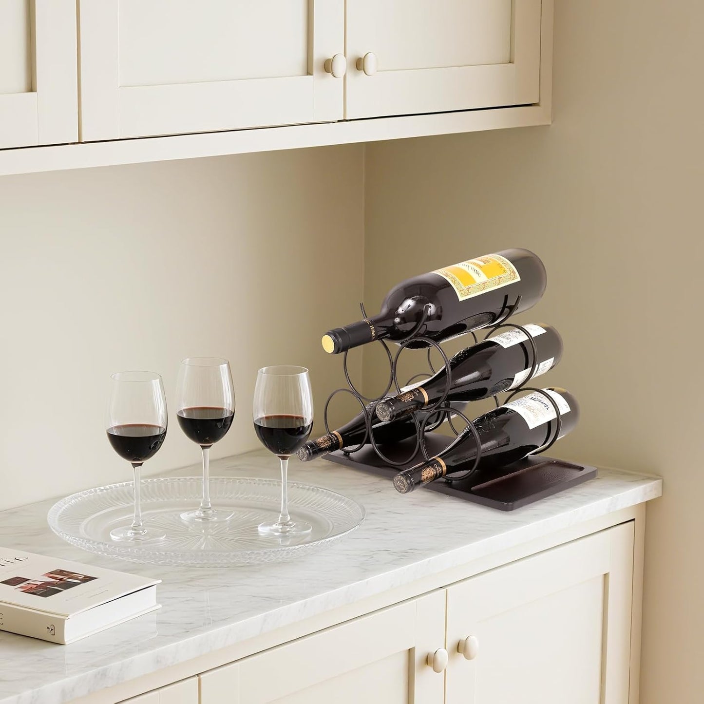 Countertop Wine Rack,Small Wine Rack and Wine Bottle Holder for 6 Bottles, Rustic Wood and Metal Freestanding Wine Organizer for Kitchen, Tabletop, or Bar