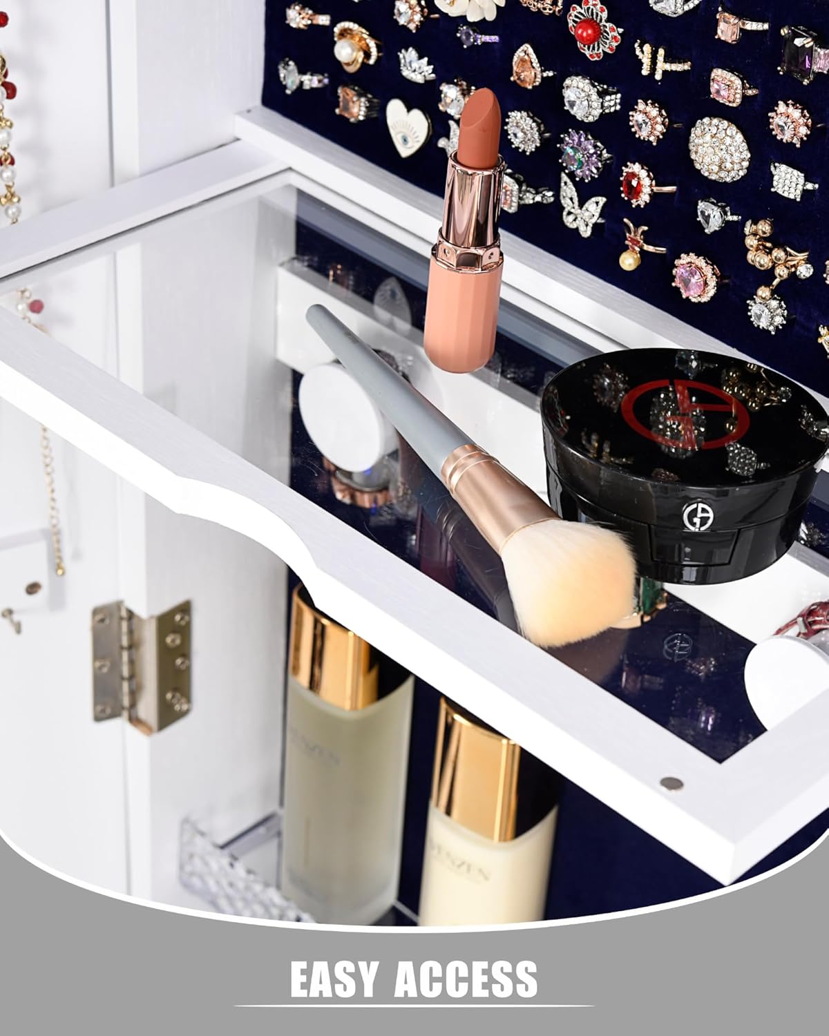 Full-Length Mirror Jewelry Cabinet Standing, 360° Swivel Jewelry Armoire with Mirror and LED Lights, Built in Mirror & Large Storage Shelves & Drawer, White