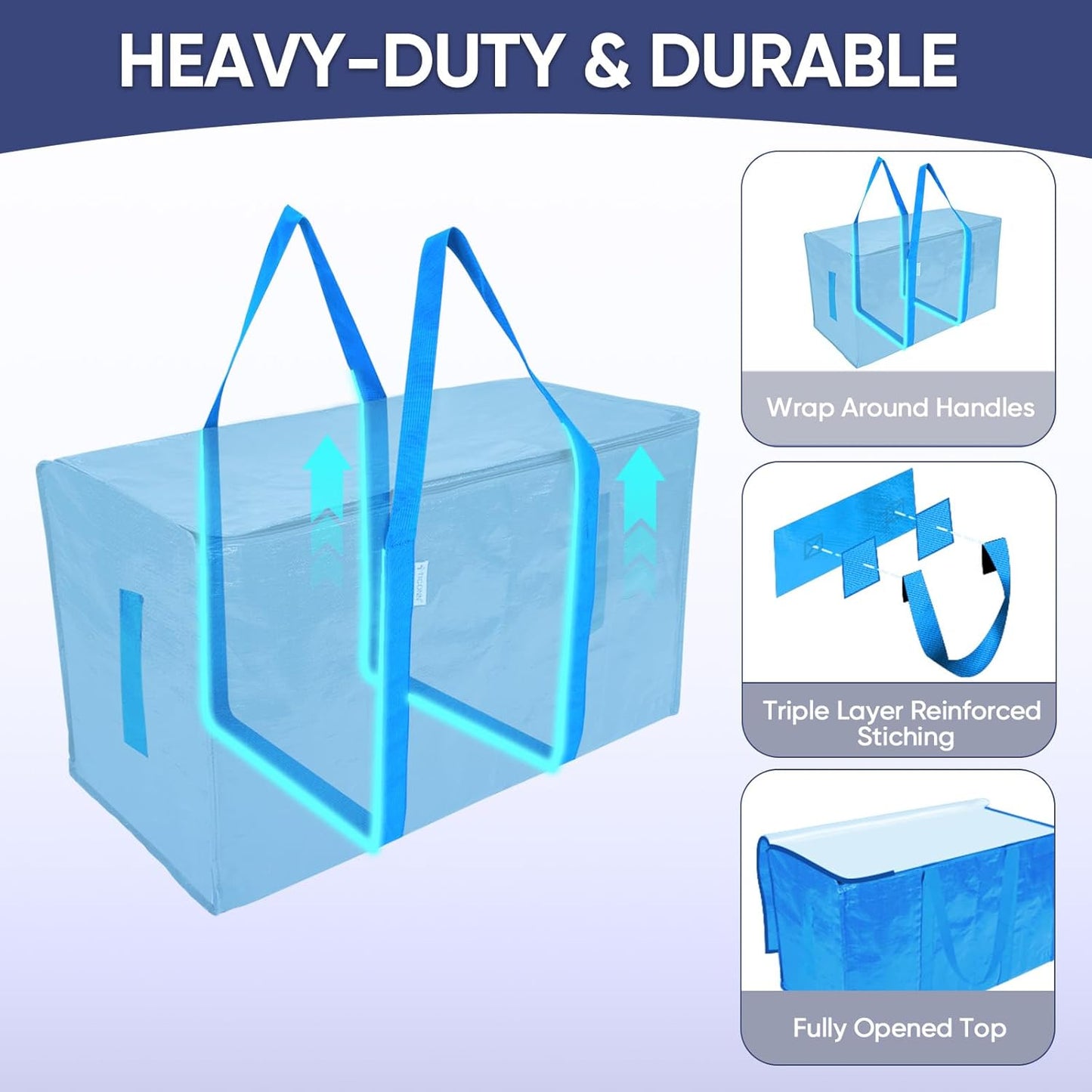 TICONN 2 Pack Extra Large Moving Bags with Zippers & Carrying Handles, Heavy-Duty Storage Tote Moving Boxes for Space Saving (2 Pack, Sky Blue)