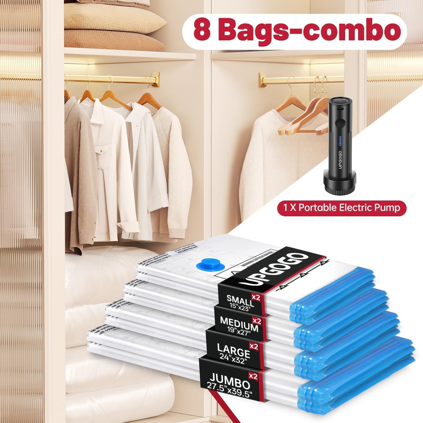 Vacuum Storage Bags with Portable Electric Pump,Vacuum Seal Bags for Clothing,Space Saver Bags,Vacuum Travel Bags for Luggage(Combo 8 Pack)