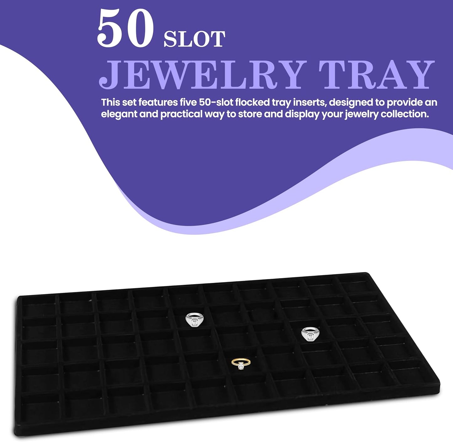 Novel Box 5 Pack 50-Slot Black Liner Jewelry Storage Tray Inserts 14.75x8.25x1 Inches - Jewelry Organizer Pad for Drawers & Store Displays - Jewelry Display Pads for Rings Earrings & Pendants