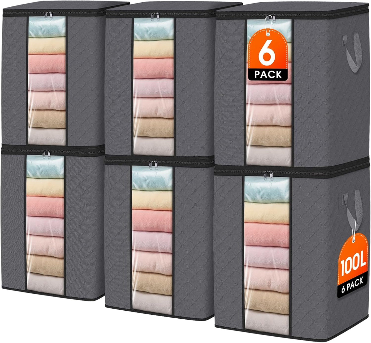 SpaceWhisper 6 Pack 100L Clothes Storage, Foldable Thick Fabric Blanket Storage Bags, Containers for Organizing Bedroom, Closet, Clothing, Comforter,Closet Organization with Handle,Grey