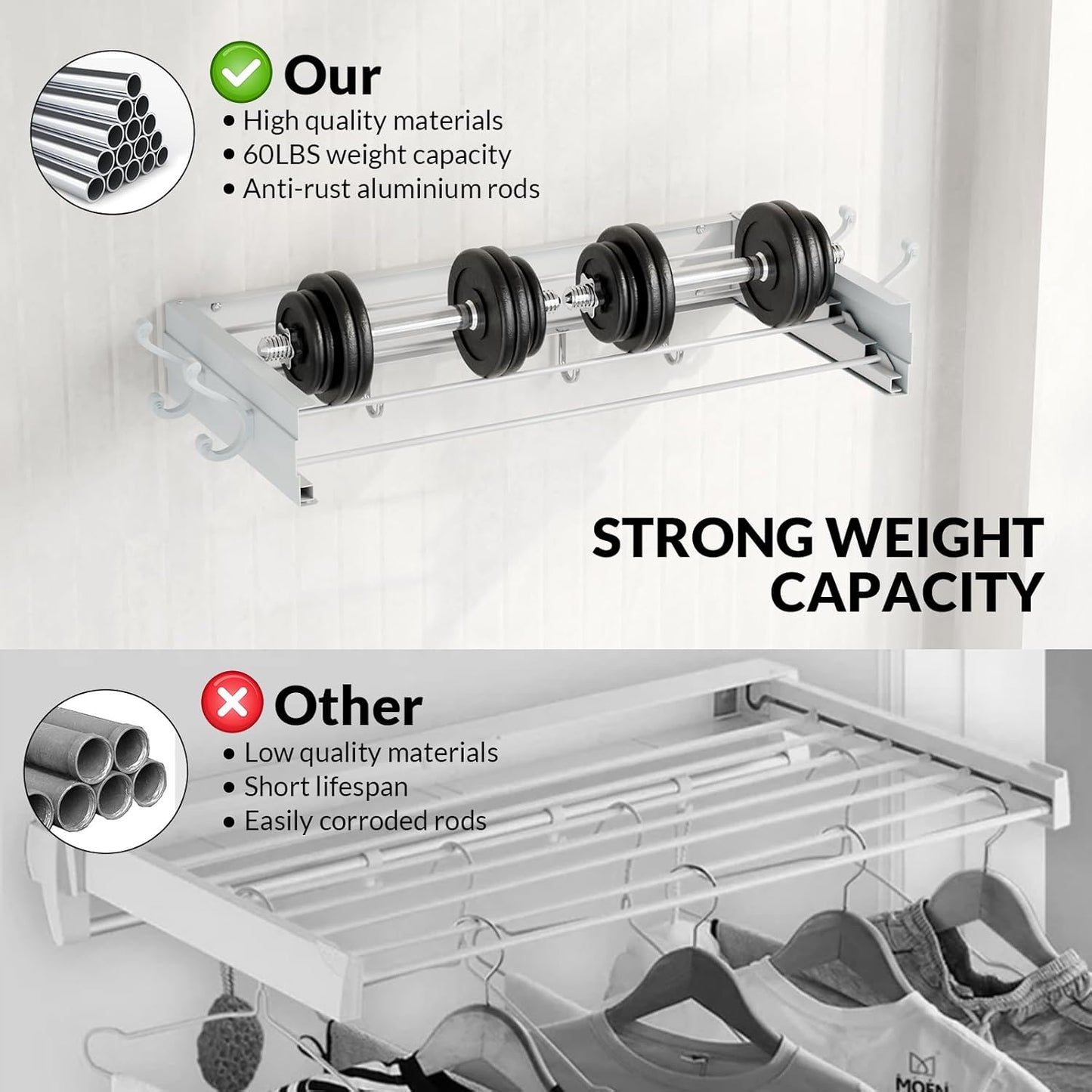 BAKON Wall Mounted Foldable Clothes Drying Rack - Indoor Outdoor Laundry Drying Rack with 4 Hooks & 4 Poles, Space Saving Concealed Design for Storage (23.6"【Upgrade】)