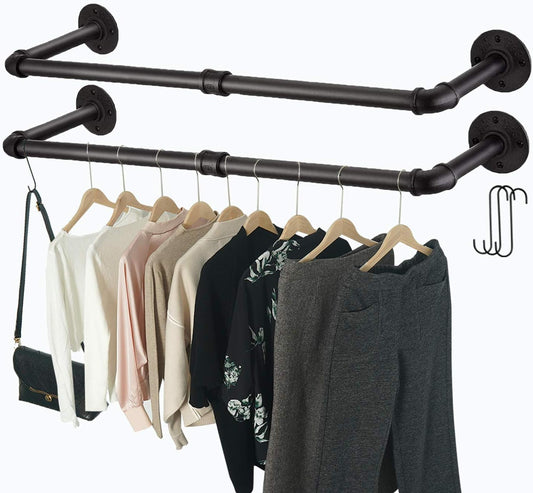 Industrial Pipe Clothes Rack with 3 S-Shaped Hooks, 36’'L Wall Mounted Garment Rack, Heavy Duty Iron Garment Bar, Clothes Hanging Rod Bar for Laundry Room, Max Load 135Lb Black (2 Package)