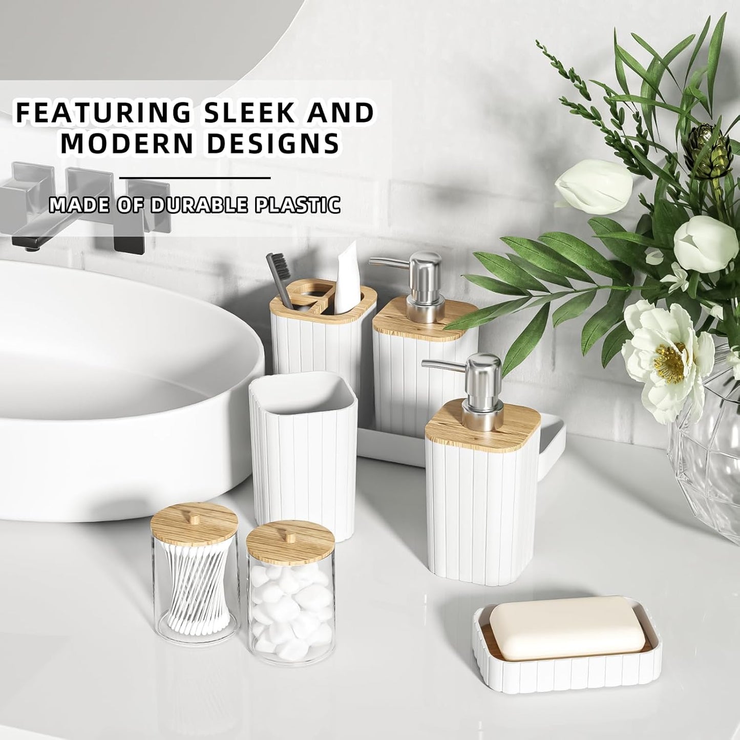 Bathroom Accessories Set - Elegant White Bathroom Set, 10PC Bathroom Accessory Set, Toilet Brush, Trash Can, Qtip Holder Dispenser & Soap Dispenser