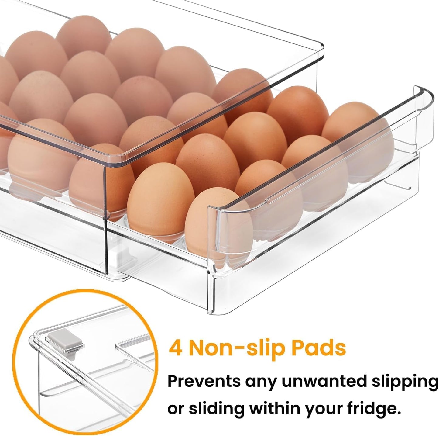 vacane 24 Capacity Egg Holder for Refrigerator, Egg Drawer for Fridge Pull Out Egg Storage Container with Non-Slip Pads Clear Egg Tray Egg Organizer - 2 Pack