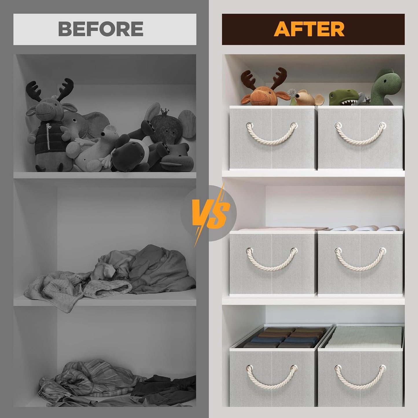 Closet Storage Bins, Linen Closet Organizers and Storage Basket for Shelves, Collapsible Shelf Baskets for Organizing Shelves, Bedroom Clothes Basket, Gray, 8 Pack