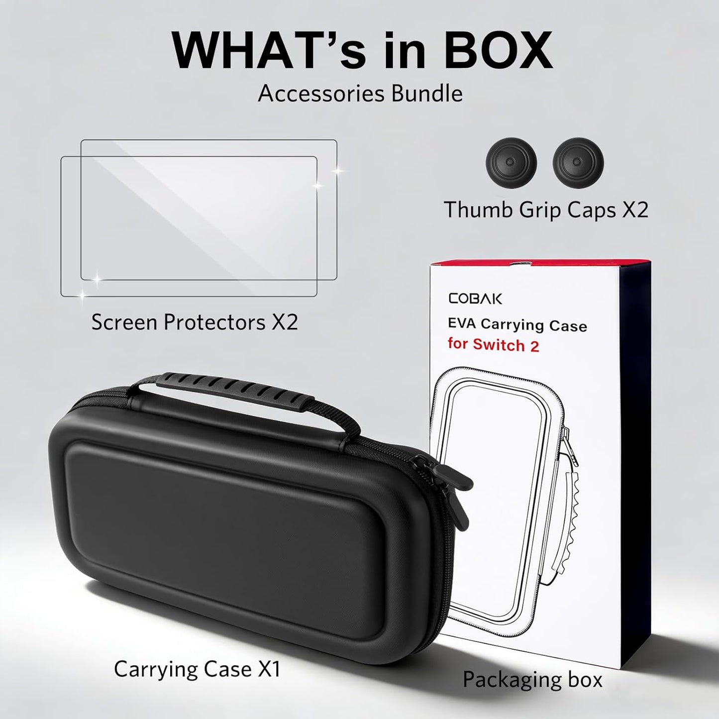 CoBak Large Capacity Carrying Case for Nintendo Switch 2 (2025) - 3 in 1 Accessories Bundle with 2 Screen Protectors, Thumb Grip Caps, 24 Game Cartridges, Hard Shell Portable Travel Pouch, Black