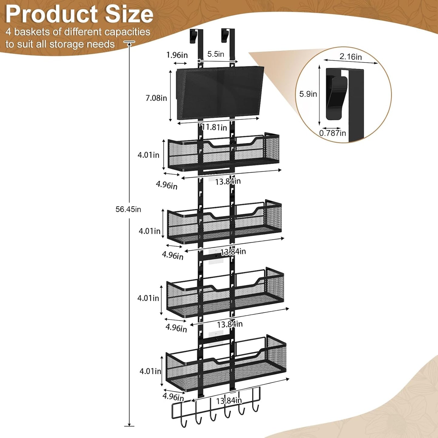 Adjustable Over The Door Organizer, Metal Hanging Door Storage with 4 Metal Baskets and PVC Pocket, Closet Door Organizer for Bathroom Bedroom Cabinet, Black