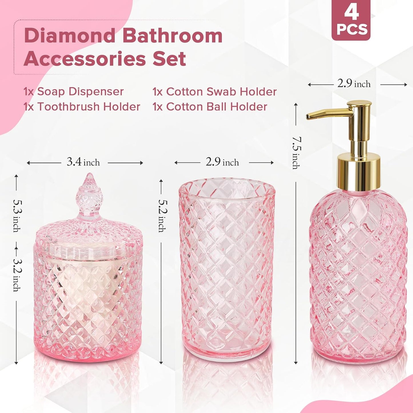 Pink Bathroom Accessories Set, 4 Pack Pink Bathroom Decor Accessory Sets Complete, Diamond Glass Soap Dispenser and Toothbrush Holder Set for Bath Counter Organizer Essentials