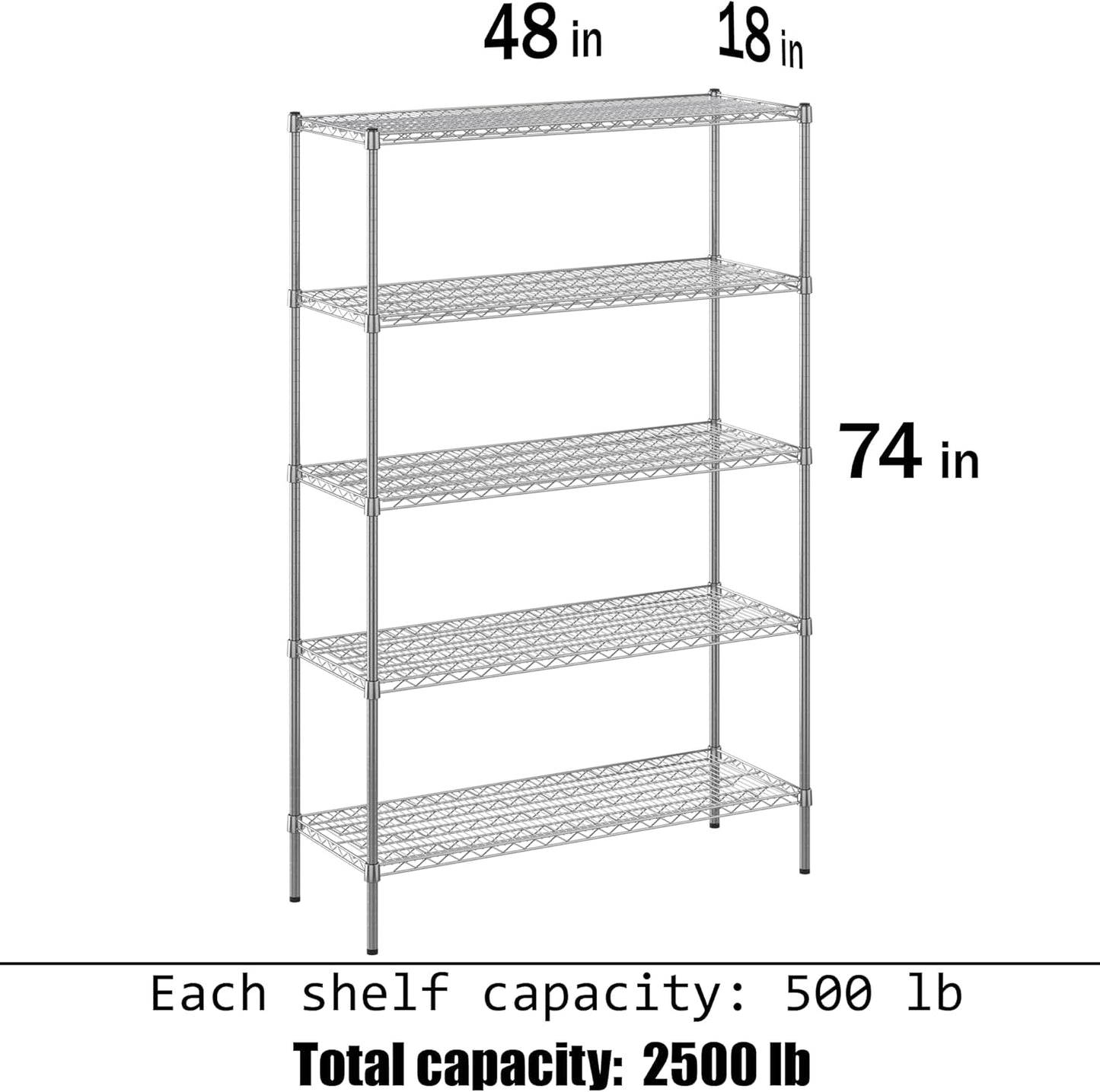 18" Deep x 48" Wide x 74" Height Wire Shelving Kit | 5-Tier | NSF Commercial Storage Rack Unit
