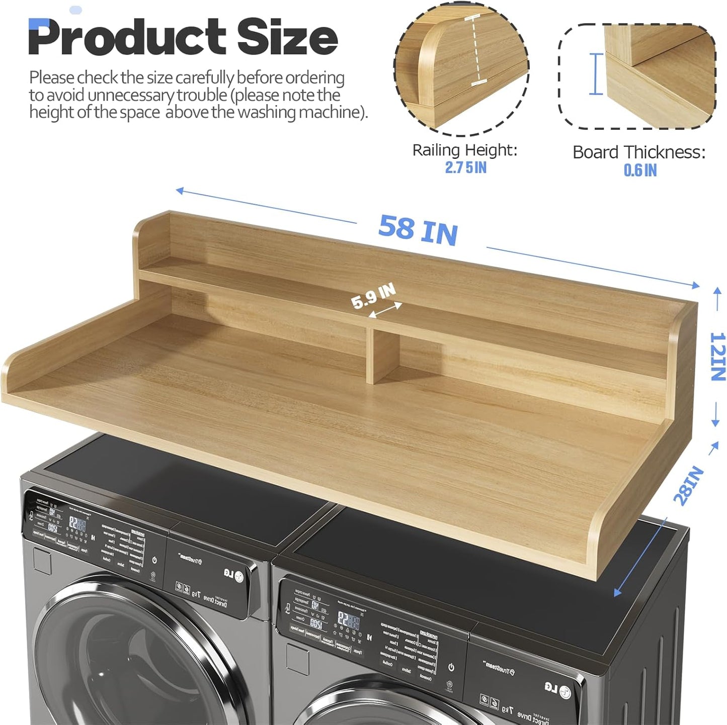2-Tier Washer and Dryer Countertop,2.75" H Guard,58" W x 28" D Laundry Countertop Cover with Non-Slip Pad,Large Space Laundry Topper for Folding Clothes Over Washer and Dryer-Pure Wood Color
