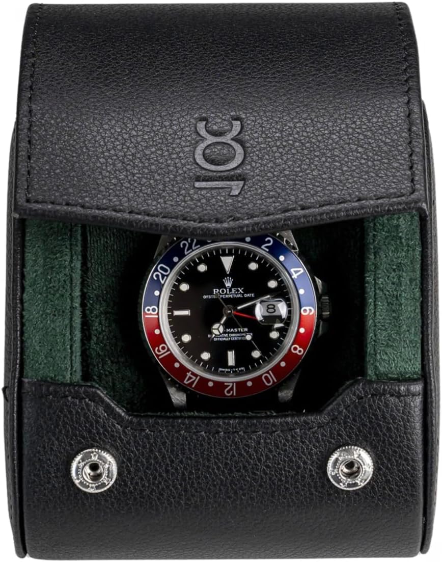 DailyWatch | Watch Roll Travel Case For 1 Watch | Luxury Watch Case In Genuine Black Leather With Soft Velvet Interior | Watch Case Protect, Store, & Display Your Watches | Black Green