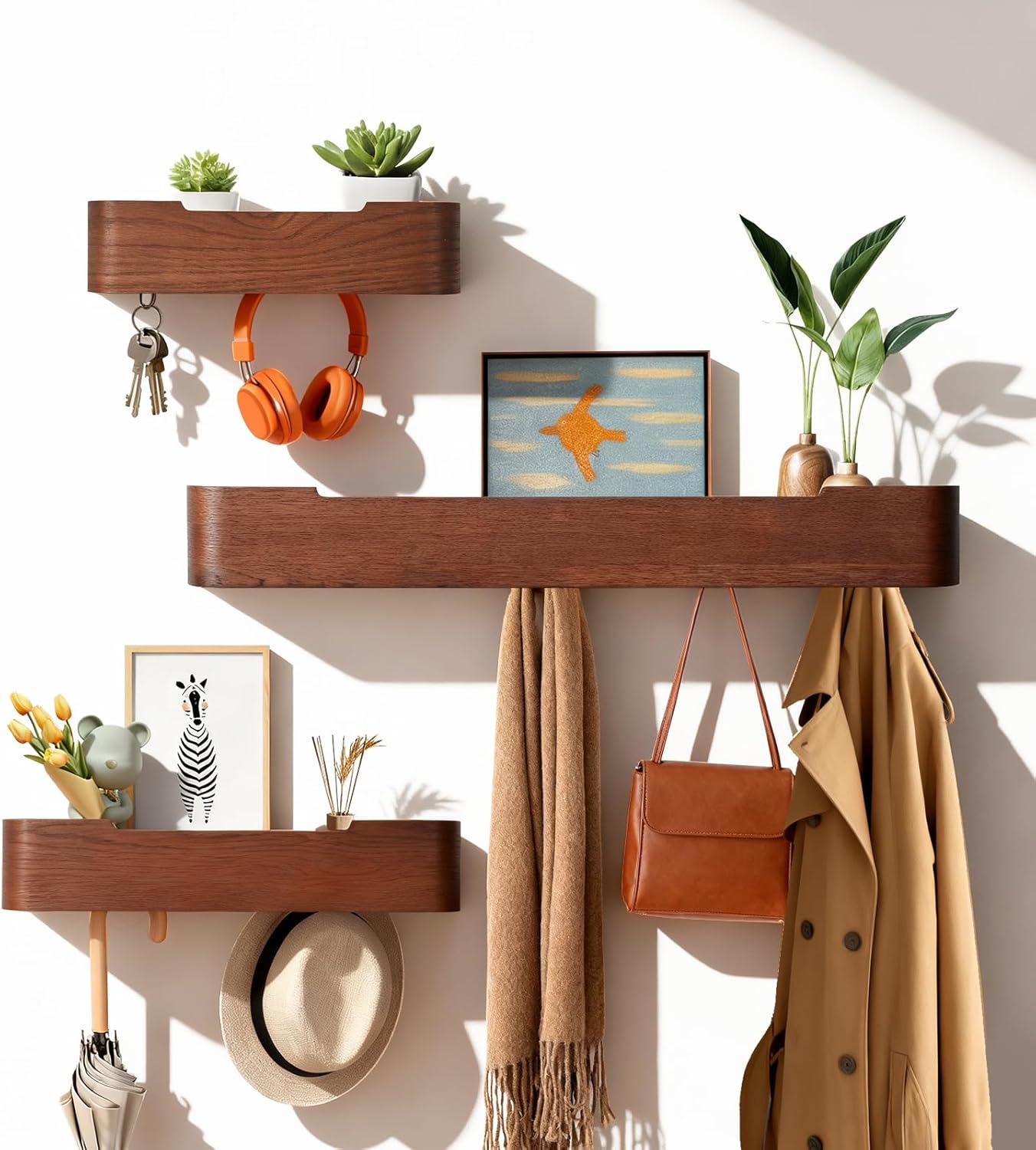 Wall Coat Rack Floating Shelves Modern Coat Rack Wall Mount with Storage Entryway Shelf Wooden Hanger 20 Inch 4 Hidden Metal Hooks for Living Room Bedroom (Walnut Color, 5 Hooks)