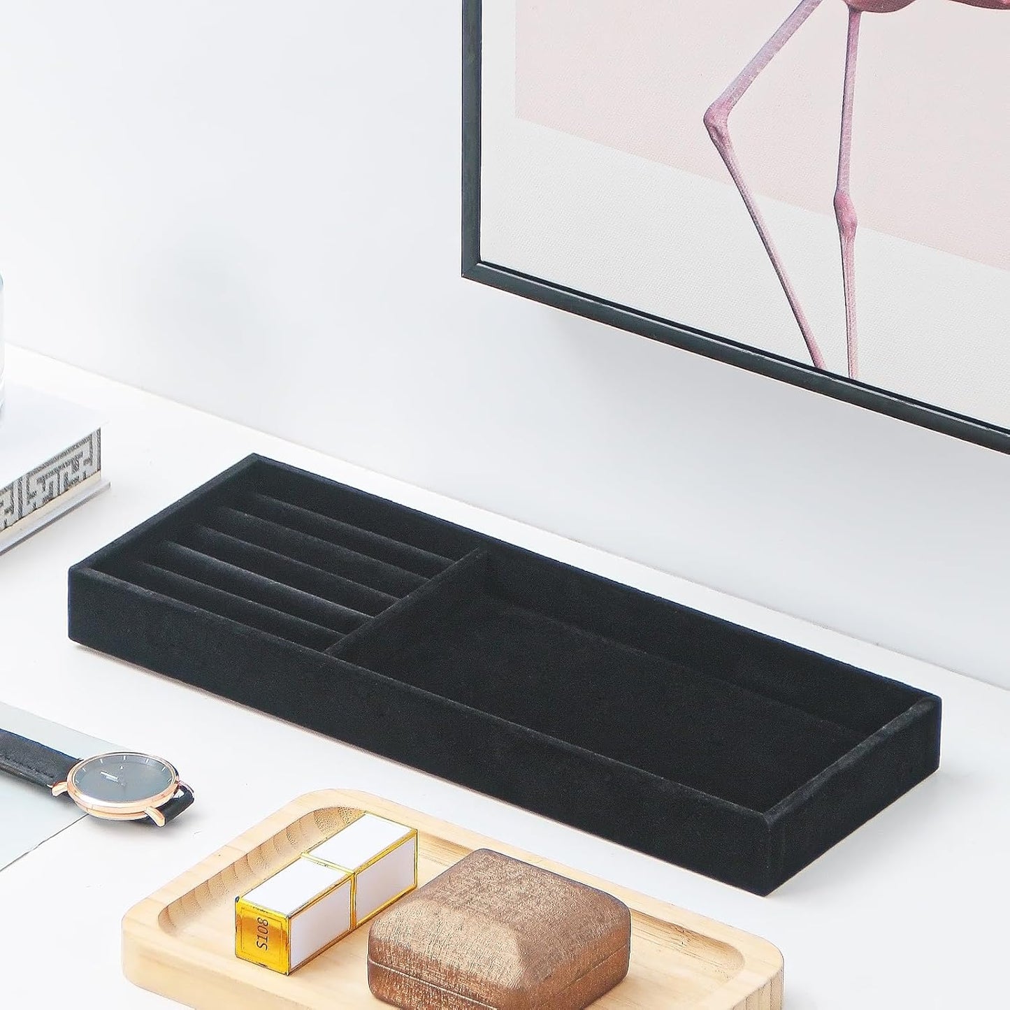 Divided Drawer Organizer - Velvet Jewelry Storage Tray for Necklace, Bracelet, Ring, Earring Display - Bedside Nightstand Desk Holder for Phone, Watch, Sunglasses, Cosmetics Storage - Black, 2 Grid