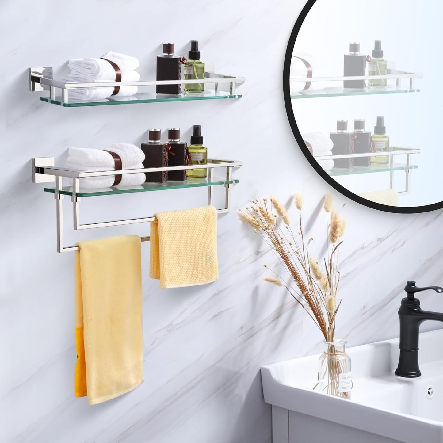 LANC Bathroom Shelf with Towel Bars - 20-Inch Silver Floating Tempered Glass Shelves with 2 Rails for Bathroom Kitchen Accessories Organizer Glass Rack Wall Mount Stainless Steel Chrome, A7617CP