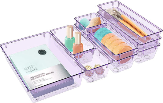 10 PCS Drawer Organizer Set, 4 Varied Size Bathroom and kitchen Drawer cabinet organizer Trays, Clear Storage Bins for Makeup, Jewelry, Utensils and Gadgets, Purple