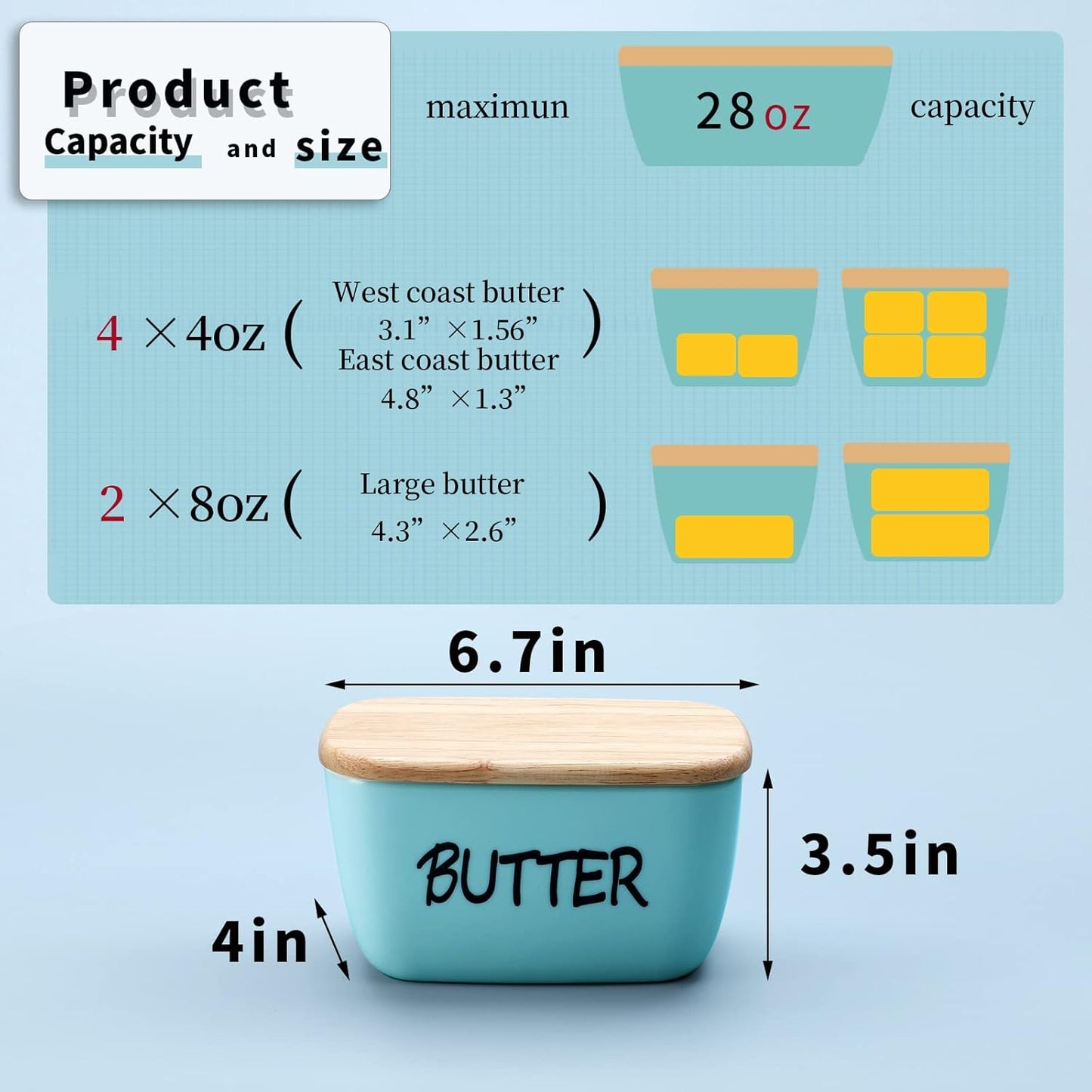 HAOTOP Large Porcelain Butter Dish with Lid Perfect for 4 Sticks of Butter (Turquoise)