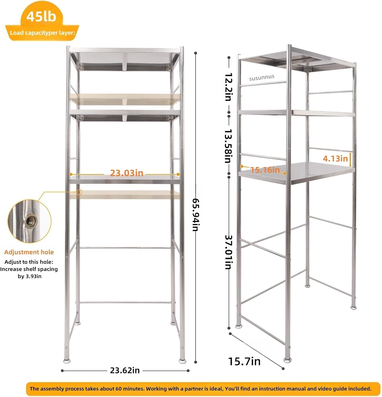 susunnus Stainless Steel Shelf,Kitchen Storage Shelves,Microwave Mini Fridge Shelf,Adjustable Height,Open Lower Tier,Laundry Room, Repository (3tier(23.6 * 15.7 * 66.1in))