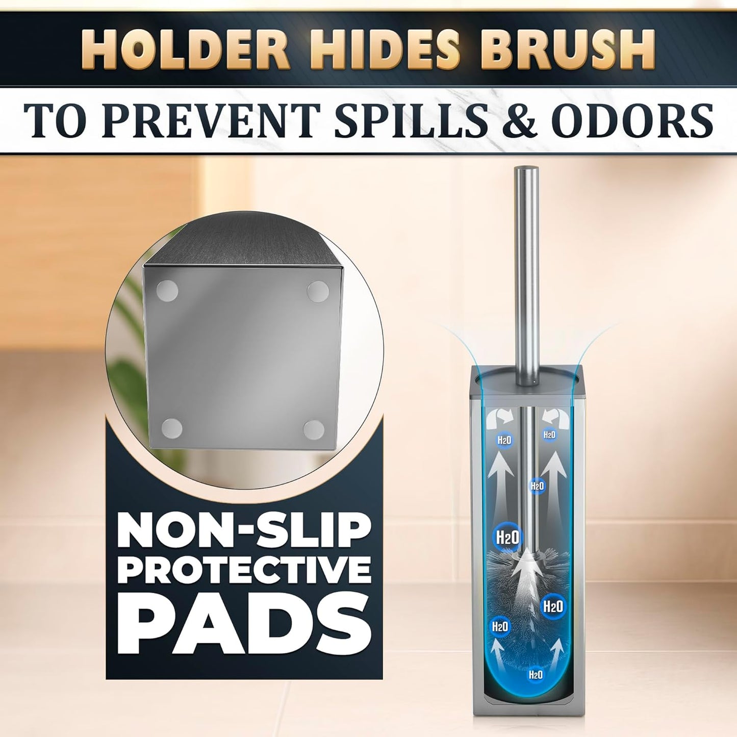 Silver Toilet Brush and Holder Set Stainless Steel – Square Design Toilet Bowl Brush and Holder, Rust, Corrosion & Scratch Resistant with Splash Protection, for Efficient Cleaning and Neat Storage