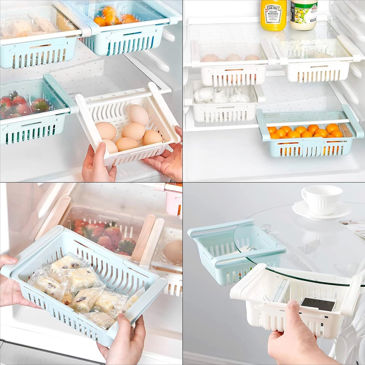 Refrigerator Drawer Organizer 2 Packs Retractable Drawer Refrigerator Storage Box, Unique Design Pull Out Storage Box, Sliding Shelves Refrigerator Hanging Organizer